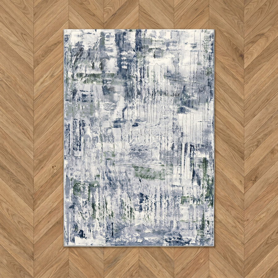 Obscure Azure contemporary abstract rug in deep blue tones, 11 mm Belgian heatset polypropylene, anti-static and antibacterial